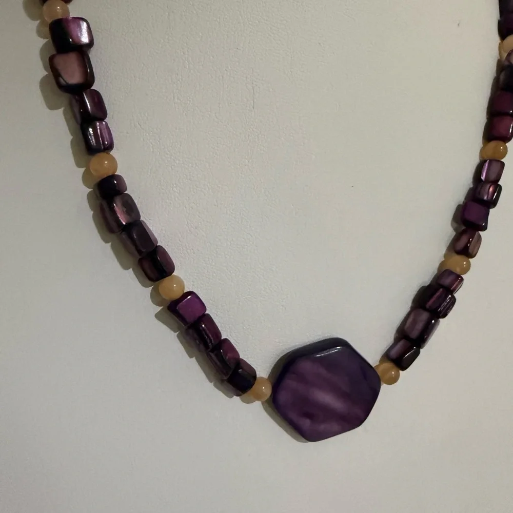 Vintage Purple and Peach Beaded Necklace With Silver Tone Clasp
